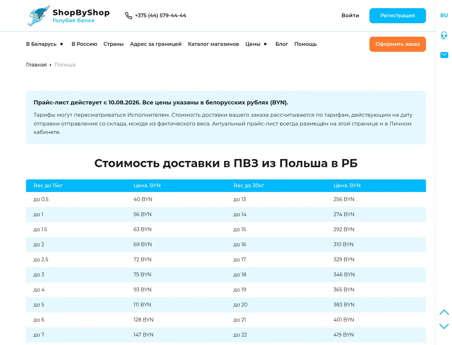 Тарифы доставки ShopByShop: до 0,5 кг — 40 р., до 1 кг — 56 р., до 2 кг — 69 р.