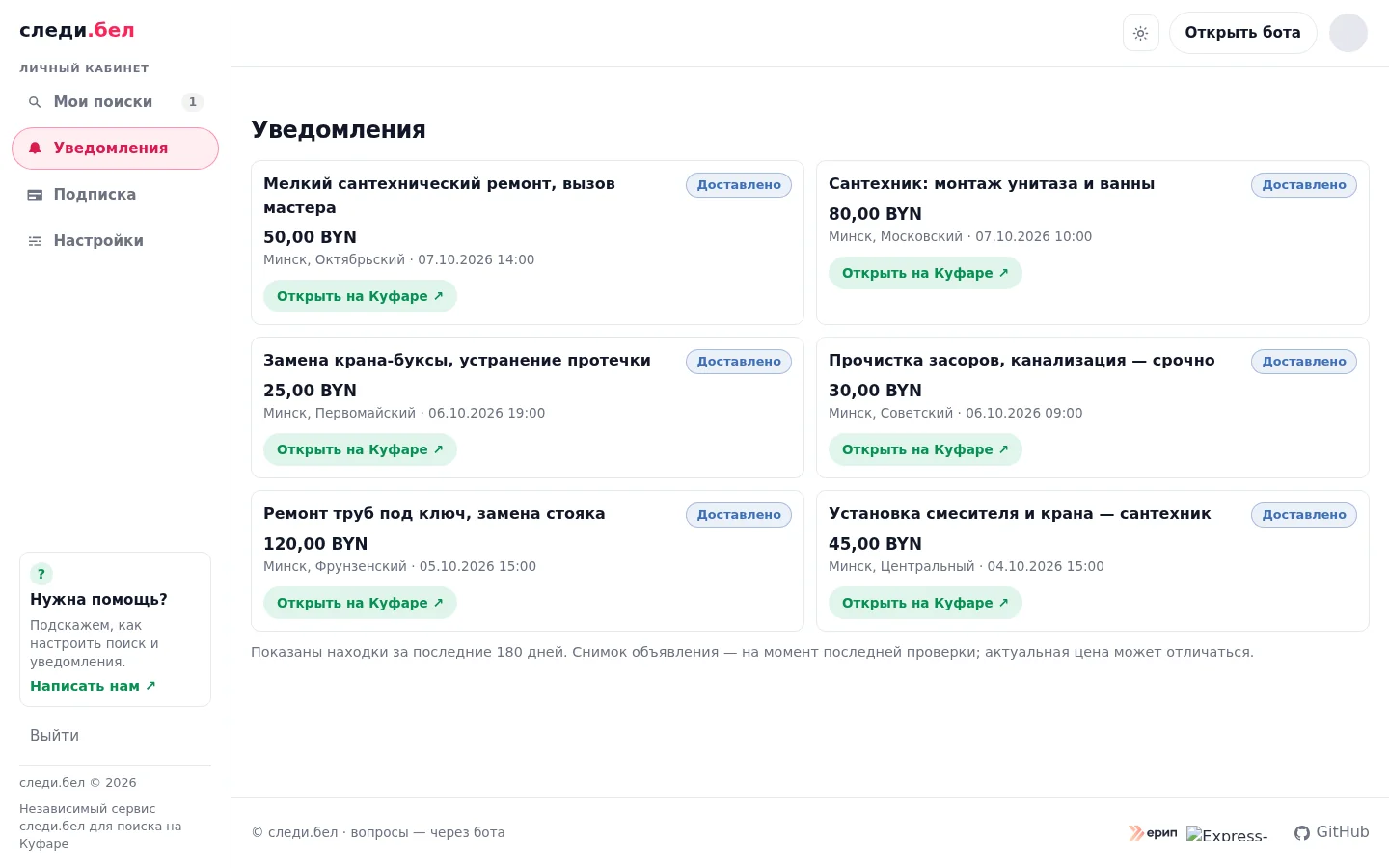 Лента «Уведомления» кабинета: находки поиска «Сантехник» с ценами в BYN, районами Минска и кнопкой «Открыть на Куфаре»